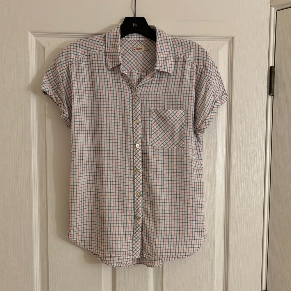 FAHERTY Linen Plaid Red and White Short Sleeved Button Down - Picture 2 of 11